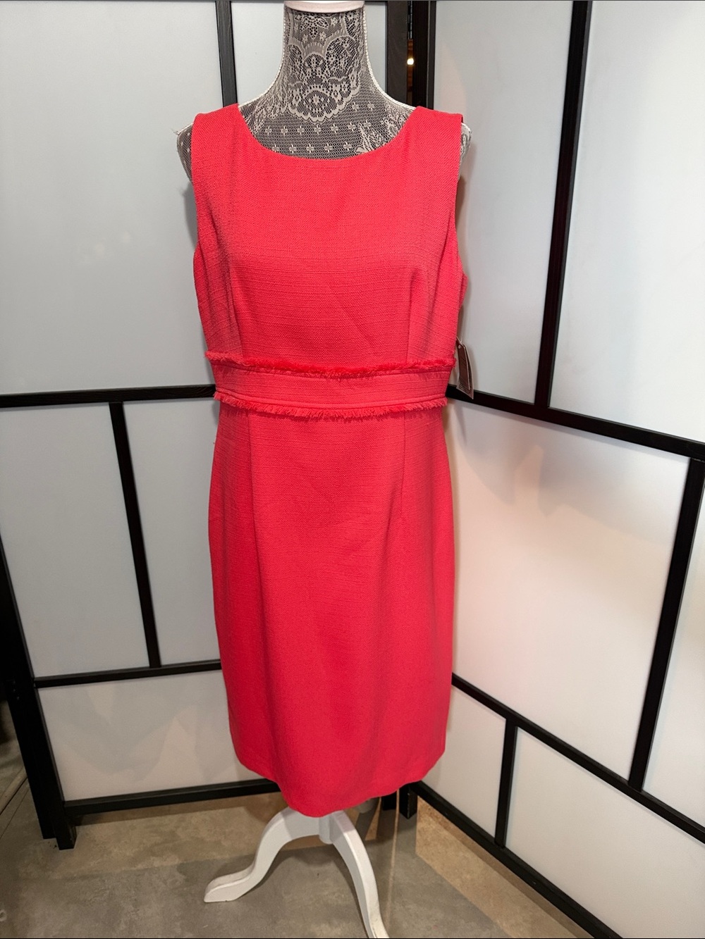 Kasper Bright Coral Sleeveless Fringe-Waist Midi Dress